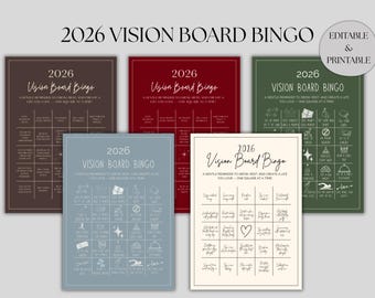 May include: A collection of five printable 2026 Vision Board Bingo cards in various colors: brown, red, green, blue, and cream. Each card features a grid with inspirational prompts and the text "2026 Vision Board Bingo". The words "Editable & Printable" are also visible.