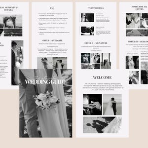 May include: A monochrome wedding guide with text and images. The guide includes sections on real moments, FAQs, testimonials, and offers. The cover features the text "the ultimate WEDDING GUIDE".