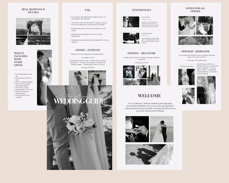 May include: A monochrome wedding guide with text and images. The guide includes sections on real moments, FAQs, testimonials, and offers. The cover features the text "the ultimate WEDDING GUIDE".