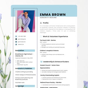 Sorority Resume Template Blue Rush Resume Template Stylish Recruitment CV for Sorority Rush Cover Letter Template – Editable in Canva
