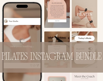 Plantillas de Instagram de Pilates para Canva, plantillas de publicaciones, historias, portadas destacadas, estética, fitness, redes sociales, paquete, bienestar, pilates, yoga.