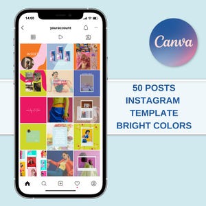 Può includere: Uno screenshot di un telefono cellulare che mostra un'app Canva con una griglia di 16 modelli di post Instagram colorati. Il testo "50 POSTS INSTAGRAM TEMPLATE BRIGHT COLORS" è visualizzato sotto il telefono.