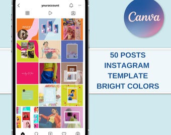 Instagram Post Templates: 50 Canva Bearbeitbare Designs Helle, Neon bearbeitbare Canva Vorlagen - Heller Instagram Feed, Bunt Social Media