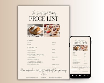 Editable Bakery Pricing Guide Template Cake Business Price List Cookie Menu Modern Price List Menu Bakery Price List Template Small Business