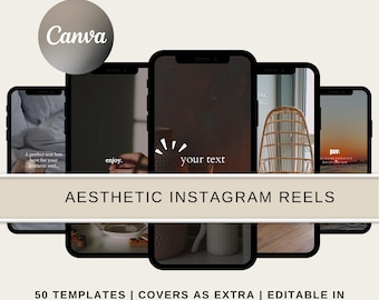 May include: A set of 50 Instagram reel templates with a variety of aesthetic backgrounds, including a bedroom, a coffee cup, a chair, and a sunset. The text "AESTHETIC INSTAGRAM REELS" is displayed in a banner across the top of the image. The text "50 TEMPLATES | COVERS AS EXTRA | EDITABLE IN CANVA" is displayed at the bottom of the image.