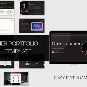 May include: A black and white portfolio template with the text "MEN PORTFOLIO TEMPLATE". The template includes slides for professional projects, work experience, and an "About Me" section. The text "EASY EDIT IN CANVA" is also visible.