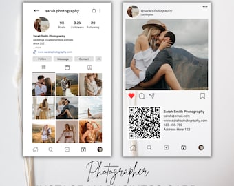 Photography Instagram Business Card Template Photographer Social Media Template Printable QR Code Business Boho Photography Business Card
