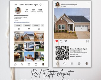 Könnte beinhalten: Ein Instagram-Visitenkartendesign für einen Immobilienmakler. Die Karte zeigt ein Mock-up eines Instagram-Profils mit Immobilienfotos und Kontaktinformationen, einschließlich eines QR-Codes und einer Website-Adresse.
