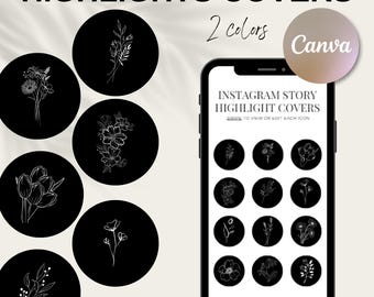 Puede incluir: Un conjunto de 16 portadas de historias de Instagram en blanco y negro con varios diseños florales. El texto "INSTAGRAM STORY HIGHLIGHT COVERS" y "CLICK TO VIEW OR EDIT EACH ICON" se muestra sobre un fondo blanco.