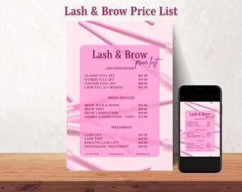 Plantilla de lista de precios editable para pestañas y cejas (A4 e Instagram). Plantilla minimalista para pequeñas empresas.