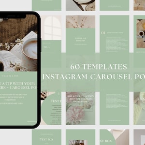 Puede incluir: Un producto digital que muestra 60 plantillas de publicaciones de carrusel de Instagram. El diseño presenta una combinación de colores verde suave con cuadros de texto, detalles florales e imágenes de café y libros. El teléfono muestra una publicación de carrusel.