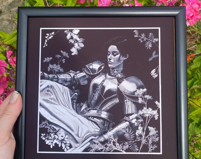 Woman In Armour Laying In Nature | 8x8 Square Giclee Print | Black And White | Dark Art