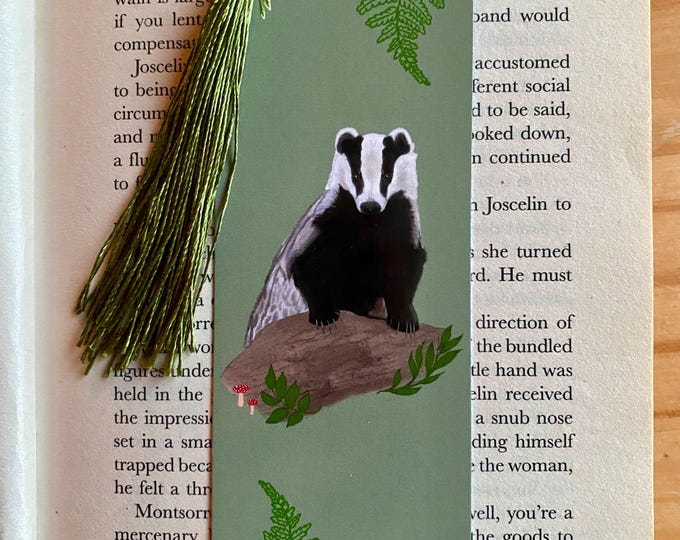 Badger On A Log Glossy Bookmark With Option of a Tassel
