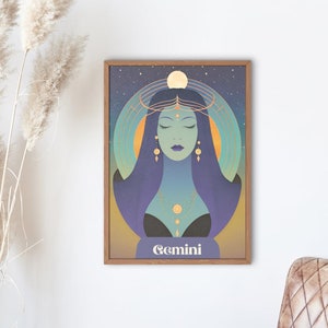Art Nouveau Gemini Witch | Zodiak Kobieta Wydruk Cyfrowy | Mistyczna Astrologia Ścienna Sztuka | Wystrój Witchy | Wydrukowany Plakat Gemini