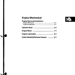 以下が含まれることがあります： 「Engine Mechanical」というタイトルのマニュアルのページ。ページには、「Engine Removal/Installation」、「Cylinder Head」、「Engine Block」、「Engine Lubrication」、「Intake Manifold/Exhaust System」などのセクションがリストされています。ページは白で、黒いテキストと小さなエンジンのグラフィックがあります。