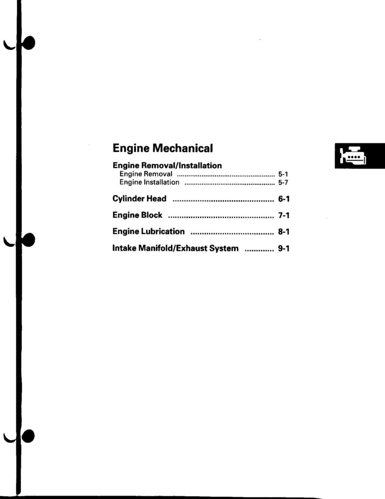 以下が含まれることがあります： 「Engine Mechanical」というタイトルのマニュアルのページ。ページには、「Engine Removal/Installation」、「Cylinder Head」、「Engine Block」、「Engine Lubrication」、「Intake Manifold/Exhaust System」などのセクションがリストされています。ページは白で、黒いテキストと小さなエンジンのグラフィックがあります。