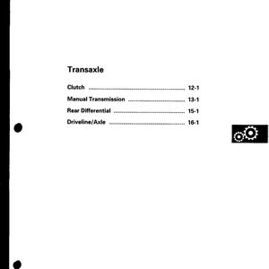 以下が含まれることがあります： 「Transaxle」というタイトルと、クラッチ、マニュアルトランスミッション、リアディファレンシャル、ドライブシャフト/アクスルなどの関連コンポーネントのリストが記載された白いページ。各項目には対応するページ番号があります。小さな白黒の歯車アイコンが右上隅にあります。