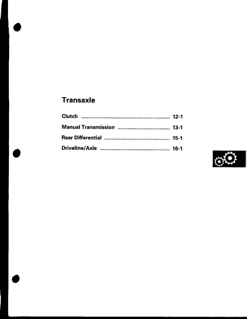 以下が含まれることがあります： 「Transaxle」というタイトルと、クラッチ、マニュアルトランスミッション、リアディファレンシャル、ドライブシャフト/アクスルなどの関連コンポーネントのリストが記載された白いページ。各項目には対応するページ番号があります。小さな白黒の歯車アイコンが右上隅にあります。