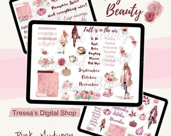 May include: A digital planner sticker set with a pink and white color scheme. The stickers feature fall-themed illustrations, including pumpkins, leaves, and a woman in a pink coat. The text "Beyond Beauty" and "Fall is in the air" are also included.