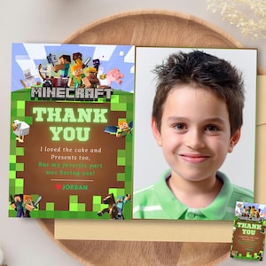 Tarjeta de agradecimiento de Pixel Game con foto, etiquetas de recuerdo de fiesta de Minecrafter Gamer, etiquetas de agradecimiento con foto de Minecrafter para chicos, etiquetas de regalo de devolución de juego de bloques