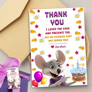 Carte cadeau d'anniversaire Chuck E Cheese Merci Chuck cadeau Evite souris Étiquette de fête d'anniversaire Étiquette Cheesy Étiquette Chuck amusante Étiquette cadeau Little Cheese