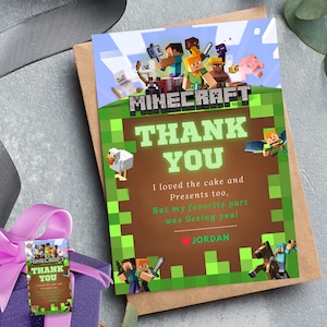 Tarjeta de agradecimiento para fiesta de Pixel Game, Minecrafter, Canva, Evite, Gamer, recuerdos de fiesta, etiqueta de fiesta temática de Minecrafter, etiqueta de tema de bloque, regalo de devolución de jugador