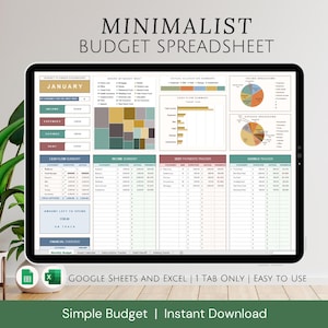 May include: A digital budget spreadsheet template for January, with a minimalist design. The spreadsheet includes sections for income, expenses, cash flow, and savings. It is compatible with Google Sheets and Excel. The text on the screen reads "Minimalist Budget Spreadsheet", "Google Sheets and Excel | 1 Tab Only | Easy to Use", and "Simple Budget | Instant Download".
