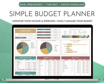 May include: A laptop screen displaying a spreadsheet with a simple budget planner template. The spreadsheet includes sections for income, expenses, cash flow, and bill tracking. The spreadsheet is titled "January Budget Planner Dashboard".