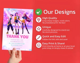Kpop Demon Hunters Birthday Thank You Card K-pop Party Label BTS