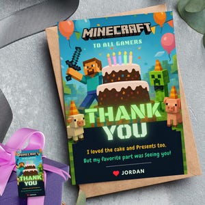 Block Game Birthday gift Minecrafter Thank You Template Pixel Blocks Game party favors Building Block Thank You card Minecrafter Party tags