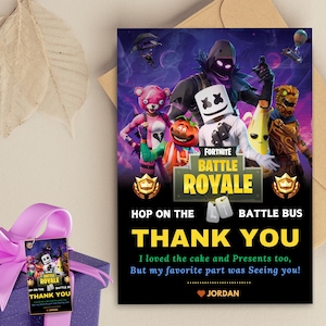 Étiquettes de remerciement pour fête du jeu vidéo, thème bus de combat, carte imprimable modèle de faveur d'anniversaire pour joueur, carte de remerciement Battle Royale, étiquette de jeu fort