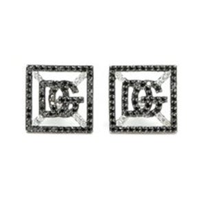 May include: A pair of square stud earrings. Each earring features a black and silver design with the letters "DG" in the center. The earrings are set against a white background.