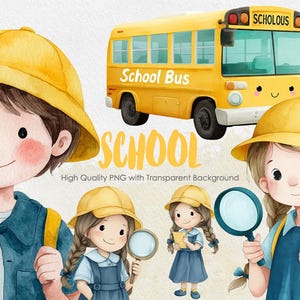 School Clipart PNG Bundle | Cute Kids, Magnifying Glass, Yellow Bus, Back to School Art | Transparent Background | Digital Download
