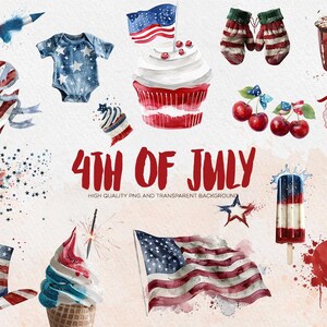 4th of July Clipart PNG Bundle | Watercolor Independence Day | Festive Patriotic Transparent PNGs | Fourth of July Digital Download