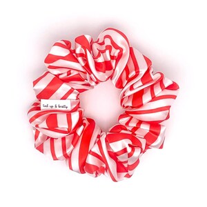 May include: A red and white striped scrunchie made of a silky material. The scrunchie has a label that reads "tied up & bratty". The hair accessory is a vibrant and stylish addition to any hairstyle.