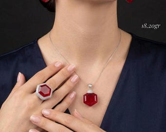 Handgefertigtes Rubin Schmuckset: 925 Sterling Silber Anhänger Ohrringe Ring