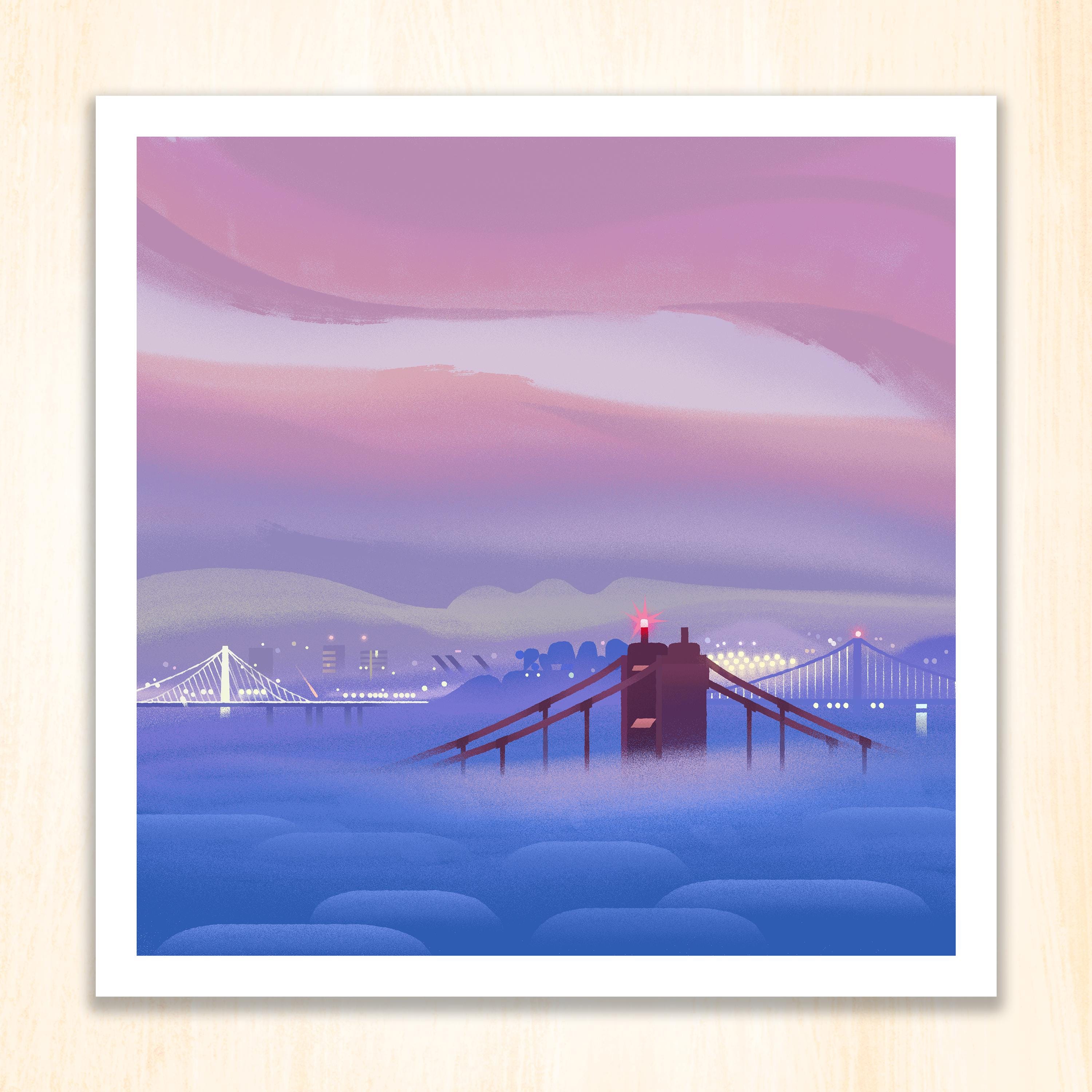 Modern Golden Gate Bridge Original Art Print with Karl the Fog — Art by Jonathan Chen | Wontonchild