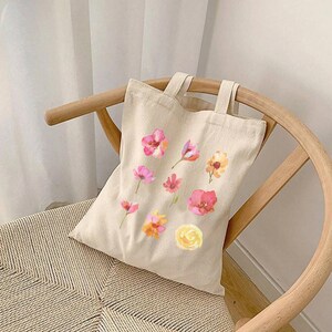 Floral Canvas Tote Bag, Pink and Yellow Grocery Bag,  Eco-Friendly Shopping Market Tote, Reusable Shoulder Bag, Wildflower Library Bag