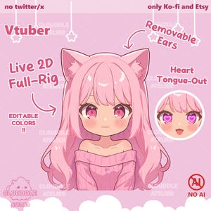 Cute Pink Cat Vtuber Live2d Model / Premade / Customizable Vtuber / Full Rigged Vtuber / Chibi / Pink Hair Vtuber / Neko Vtuber
