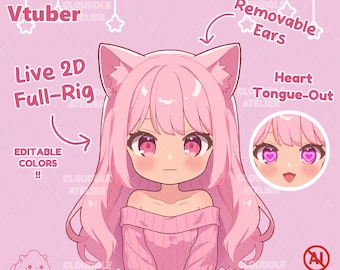 May include: A pink and white anime character with cat ears, a pink sweater, and a heart-shaped tongue. The character is a 2D live rig with editable colors. The image includes the text "Vtuber", "Live 2D Full-Rig", "Editable Colors", "Removable Ears", "Heart Tongue-Out", and "No AI".