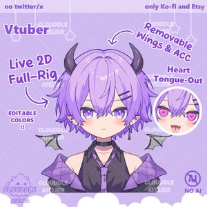 May include: Purple and black anime character with horns, wings, and a heart-shaped tongue. The character is a 2D live rig with editable colors. The image includes the text "Live 2D Full-Rig" and "Editable Colors".