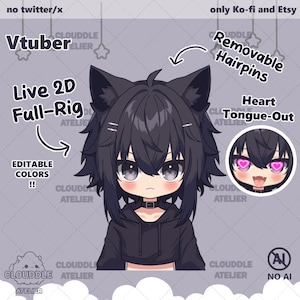 Gato preto fofo Vtuber Live2d modelo / pré-fabricado / Vtuber personalizável / Vtuber totalmente equipado / Chibi / Vtuber de cabelo preto / Neko Vtuber / Femboy