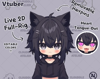 May include: A black and white illustration of a Vtuber character with cat ears and a black hoodie. The character has a heart-shaped tongue sticking out and pink hearts over their eyes. The text "Vtuber" is at the top of the image, and the text "Live 2D Full-Rig" is below the character. The text "Editable Colors!!" is below the character's chin. The text "Removable Hairpins" is on the right side of the image. The text "Heart Tongue-Out" is below the text "Removable Hairpins". The text "No AI" is at the bottom right of the image.