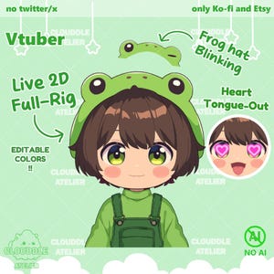 Cute Frog Vtuber Live2d Model / Premade / Customizable Vtuber / Full Rigged Vtuber / Chibi / Green Vtuber / Frog Vtuber