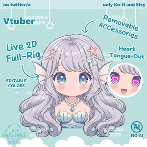 Pode incluir: Uma ilustração digital de uma sereia de desenho animado com cabelo roxo, olhos azuis e um sutiã de concha. A sereia está usando um colar de pérolas e tem uma estrela do mar e conchas no cabelo. A imagem inclui o texto "Live 2D Full-Rig" e "Editable Colors".