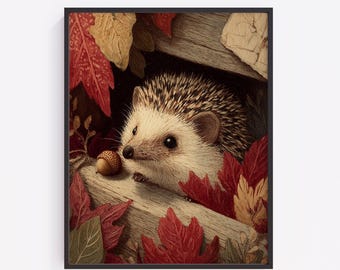 Cozy Hedgehog with Acorn, Autumn Woodland Printable Wall Art (Digital Download)