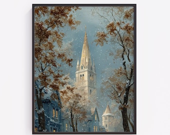 Vintage Winter Church Print, Snowy Village Street Painting Printable Wall Art (Digital Download)