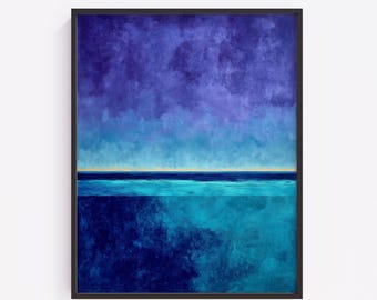 Modern Moody Coastal Seascape Art, Indigo Textured Abstract Painting (Digital Download)