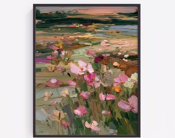 Wildflower Meadow at Sunset, Cottagecore Landscape Printable Wall Art (Digital Download) 175