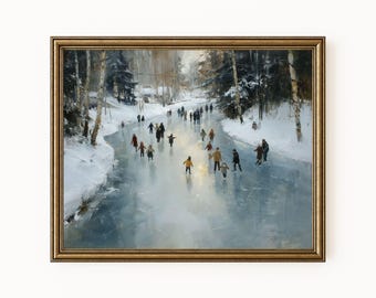 Vintage Winter Skating Pond Painting, Cozy Frozen Lake Printable Wall Art (Digital Download) 273
